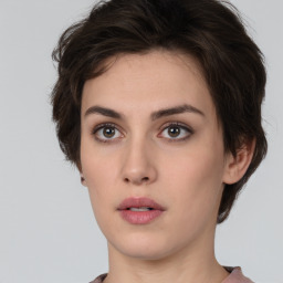 Neutral white young-adult female with short  brown hair and brown eyes