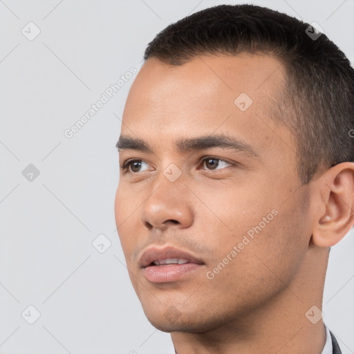 Neutral white young-adult male with short  brown hair and brown eyes