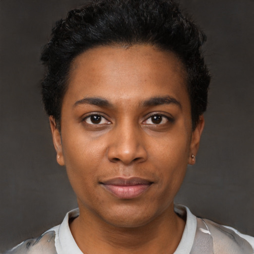 Neutral black young-adult female with short  black hair and brown eyes