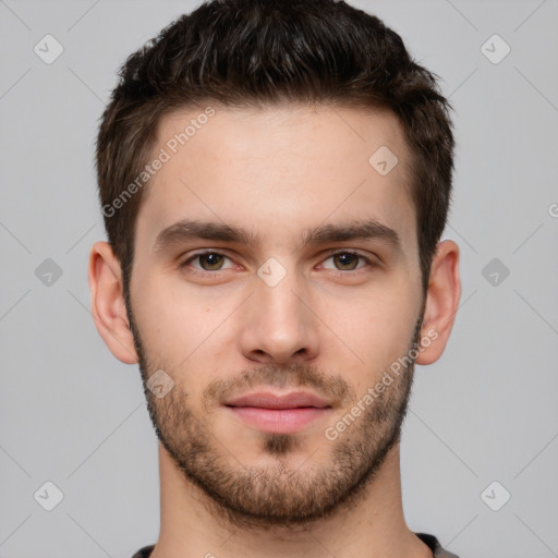 Neutral white young-adult male with short  brown hair and brown eyes