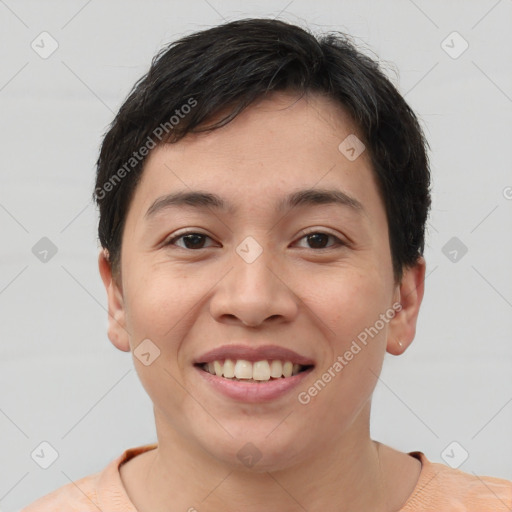 Joyful asian young-adult female with short  brown hair and brown eyes