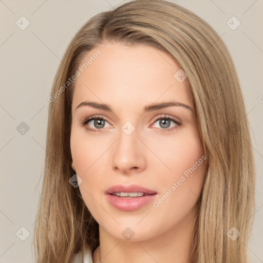 Neutral white young-adult female with long  brown hair and brown eyes