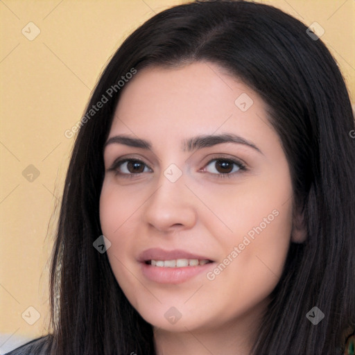 Joyful white young-adult female with long  black hair and brown eyes