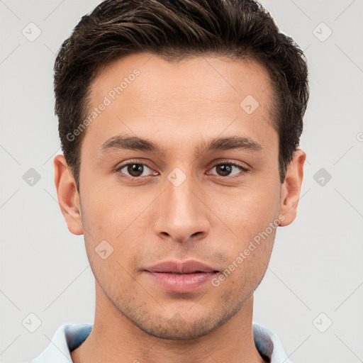 Neutral white young-adult male with short  brown hair and brown eyes