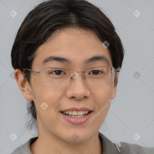 Joyful asian young-adult female with short  brown hair and brown eyes