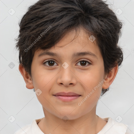 Joyful white child female with short  brown hair and brown eyes