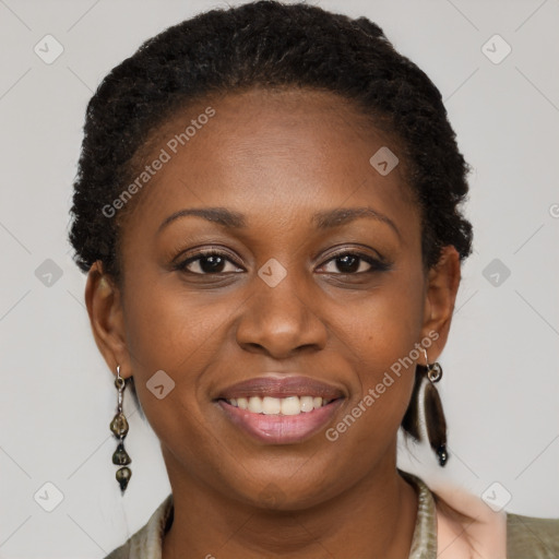 Joyful black young-adult female with long  brown hair and brown eyes