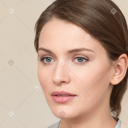 Neutral white young-adult female with long  brown hair and grey eyes