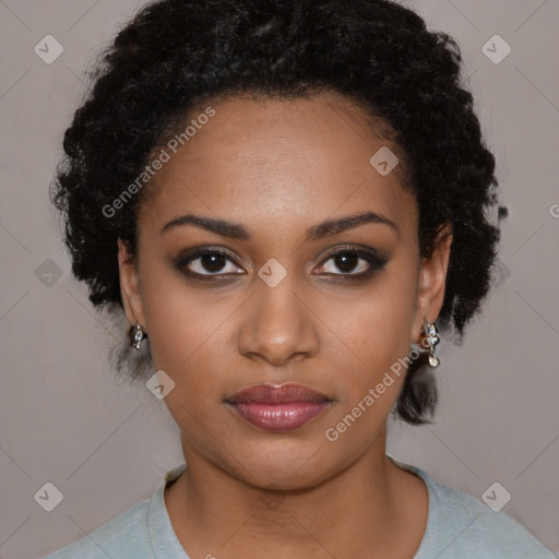 Joyful black young-adult female with medium  black hair and brown eyes