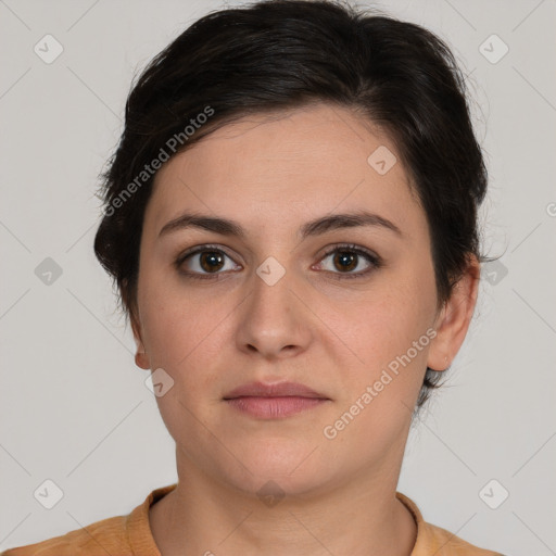 Neutral white young-adult female with short  brown hair and brown eyes