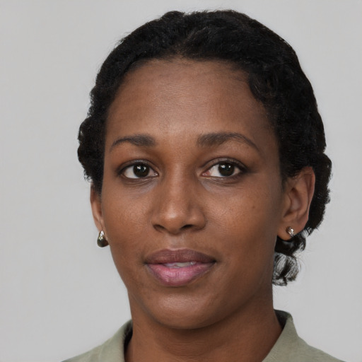 Neutral black young-adult female with short  black hair and brown eyes
