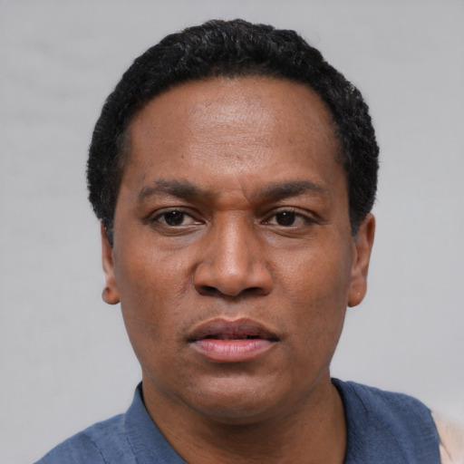 Neutral latino adult male with short  black hair and brown eyes