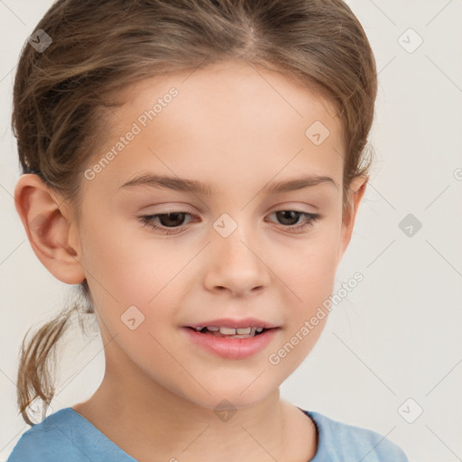 Joyful white child female with short  brown hair and brown eyes