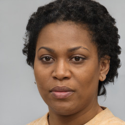 Joyful black adult female with short  brown hair and brown eyes