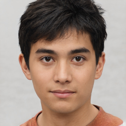 Neutral asian young-adult male with short  brown hair and brown eyes