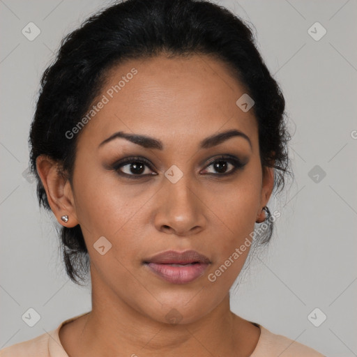 Neutral latino young-adult female with medium  black hair and brown eyes