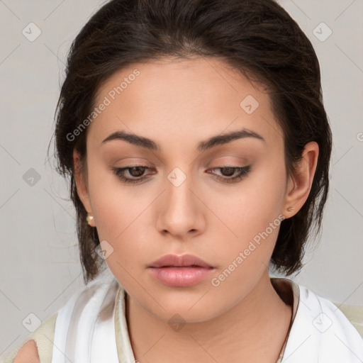 Neutral white young-adult female with medium  brown hair and brown eyes