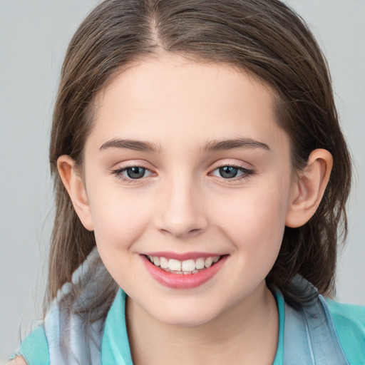 Joyful white child female with medium  brown hair and brown eyes