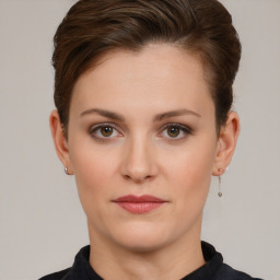 Neutral white young-adult female with short  brown hair and brown eyes