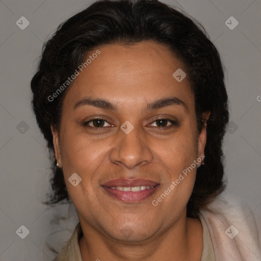 Joyful white adult female with medium  brown hair and brown eyes