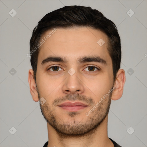 Neutral white young-adult male with short  brown hair and brown eyes