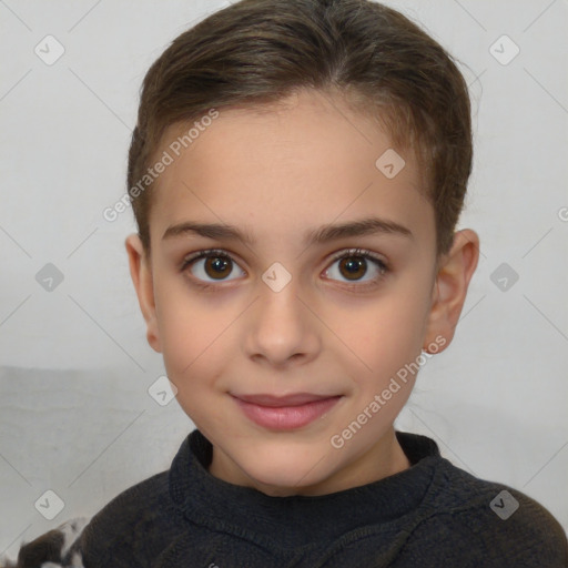 Joyful white child female with short  brown hair and brown eyes