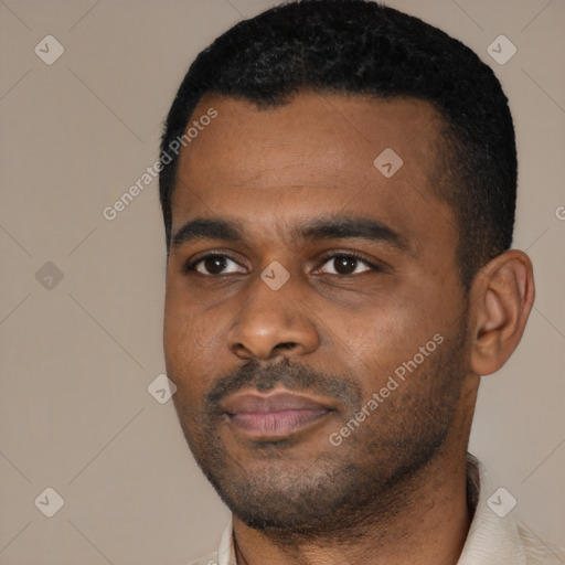 Neutral black young-adult male with short  black hair and brown eyes