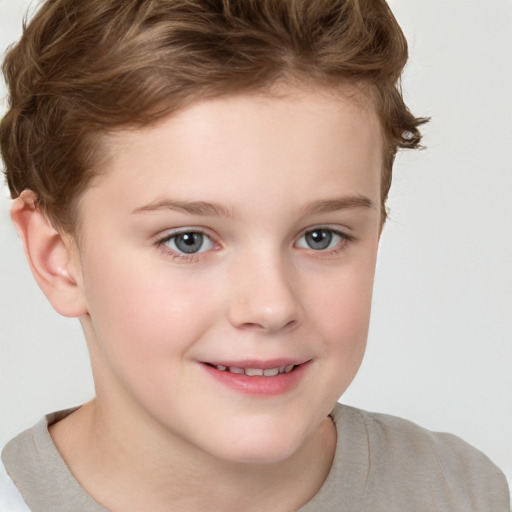 Joyful white child female with short  brown hair and brown eyes