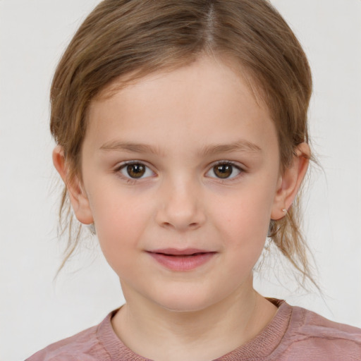 Joyful white child female with medium  brown hair and brown eyes