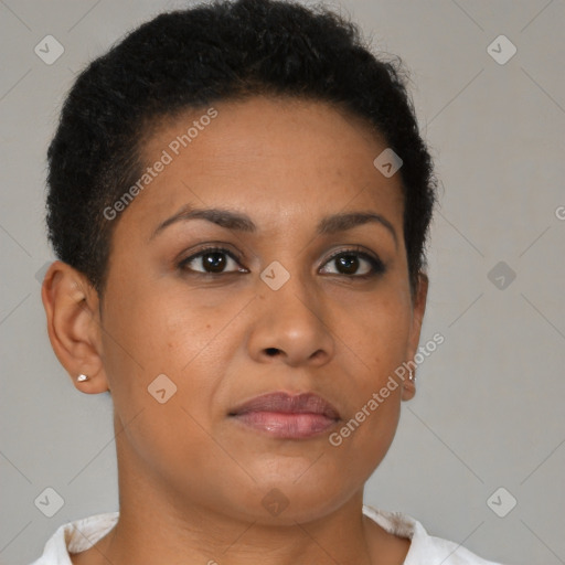 Neutral black young-adult female with short  brown hair and brown eyes