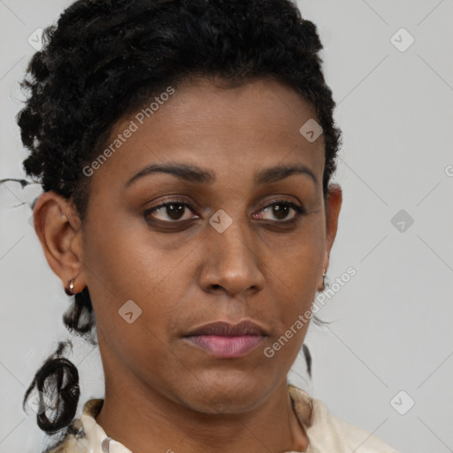 Neutral black young-adult female with short  brown hair and brown eyes