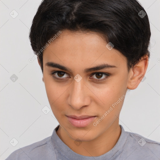 Joyful latino young-adult female with short  brown hair and brown eyes