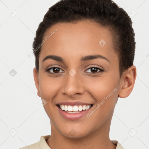 Joyful latino young-adult female with short  brown hair and brown eyes