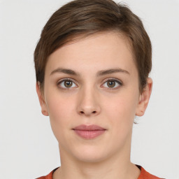 Neutral white young-adult female with short  brown hair and brown eyes