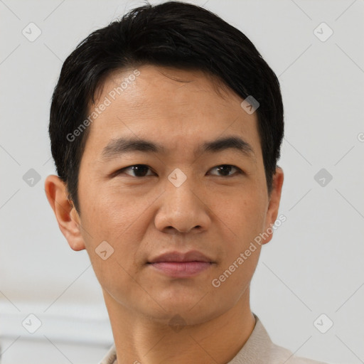 Neutral asian young-adult male with short  black hair and brown eyes