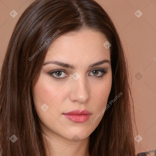 Neutral white young-adult female with long  brown hair and brown eyes