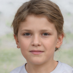 Joyful white child female with short  brown hair and brown eyes