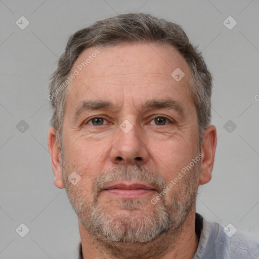 Neutral white middle-aged male with short  brown hair and brown eyes