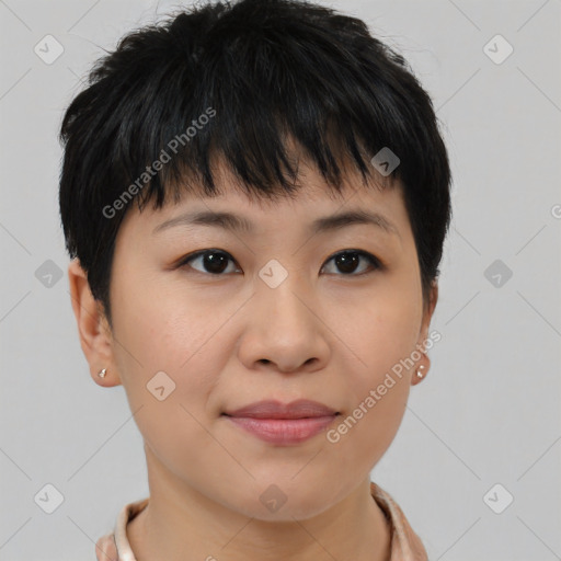 Joyful asian young-adult female with short  brown hair and brown eyes