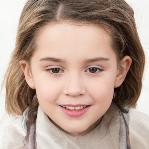 Joyful white child female with medium  brown hair and brown eyes