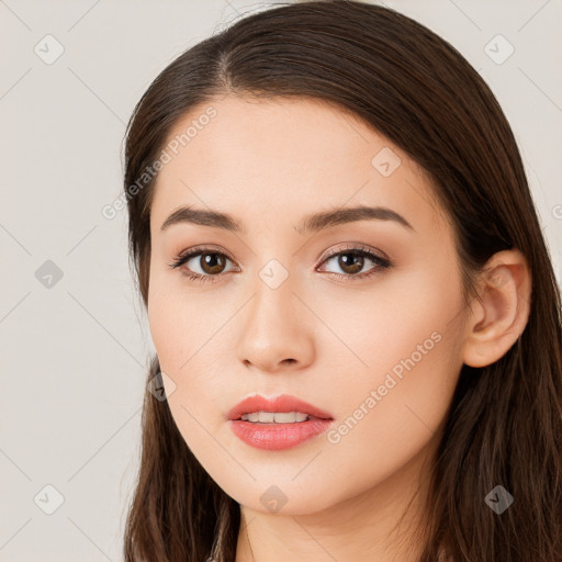 Neutral white young-adult female with long  brown hair and brown eyes