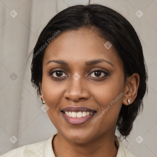 Joyful latino young-adult female with medium  black hair and brown eyes