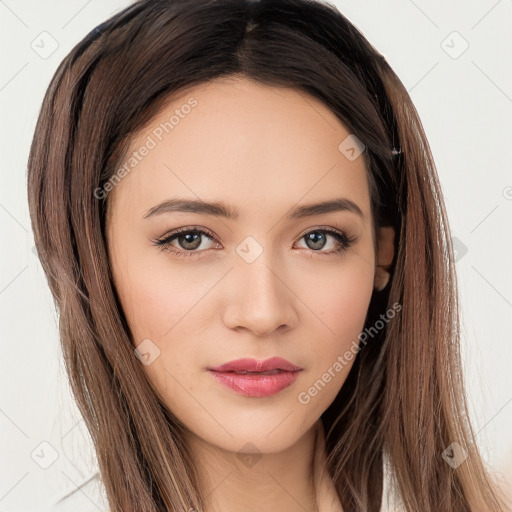 Neutral white young-adult female with long  brown hair and brown eyes