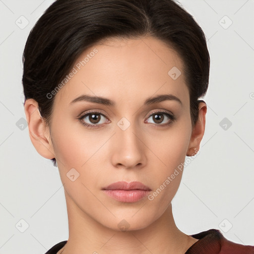 Neutral white young-adult female with short  brown hair and brown eyes