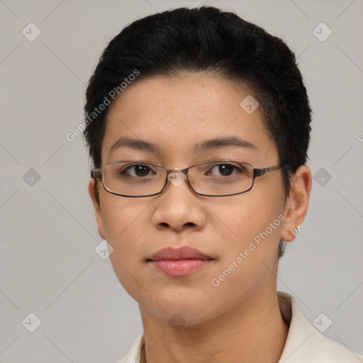 Joyful white young-adult female with short  black hair and brown eyes