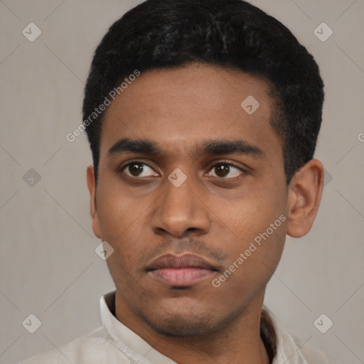 Neutral latino young-adult male with short  black hair and brown eyes