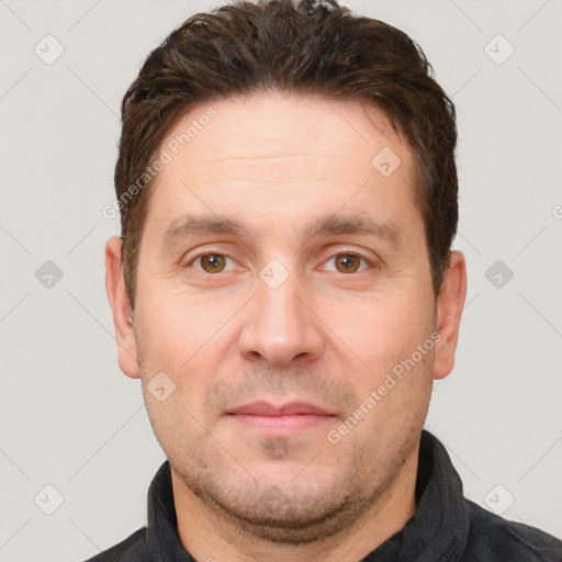 Neutral white adult male with short  brown hair and brown eyes