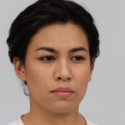 Neutral asian young-adult female with short  black hair and brown eyes