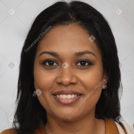 Joyful black young-adult female with medium  brown hair and brown eyes