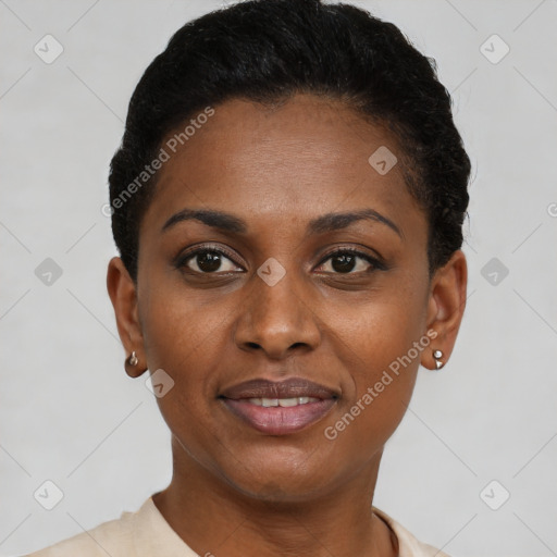 Joyful black young-adult female with short  black hair and brown eyes